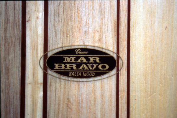Close up of a balsa surfboard's label - Melbourne, Florida.