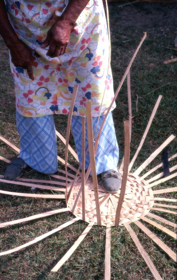 Lucreaty Clark starting to weave a white oak basket