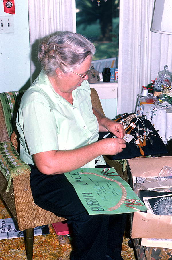 Unidentified woman working on her bobbin lace