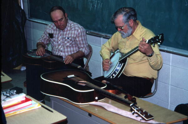 Bunch Bass playing dobro and Tom Herndon playing banjo for Hamilton County High School students - Jasper, Florida.