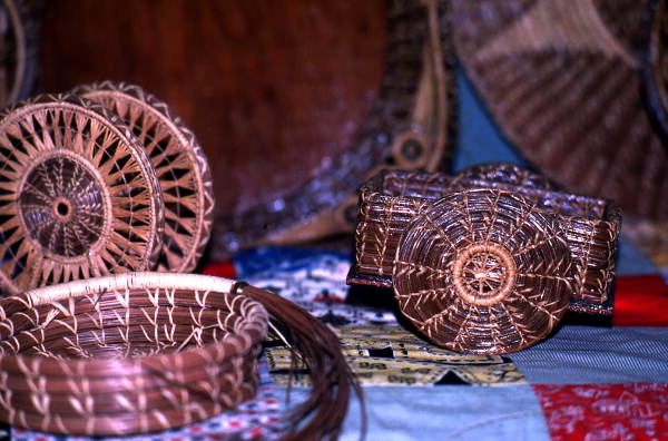 Examples of pine needle craft made by Mebelen Holloway - Lake City, Florida.