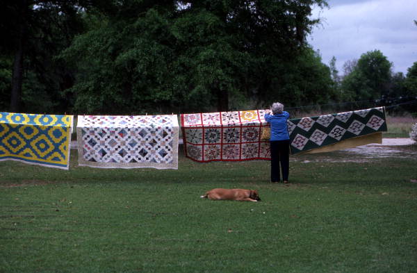 Grace Scaff hanging up some of her quilts - Jasper, Florida