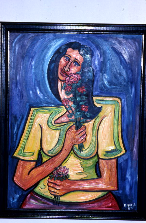 Painting, "Girl with Flowers", by Pharoah Baker.