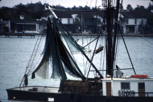 View looking toward fishing nets aboard shrimp boat - Ozona, Florida.