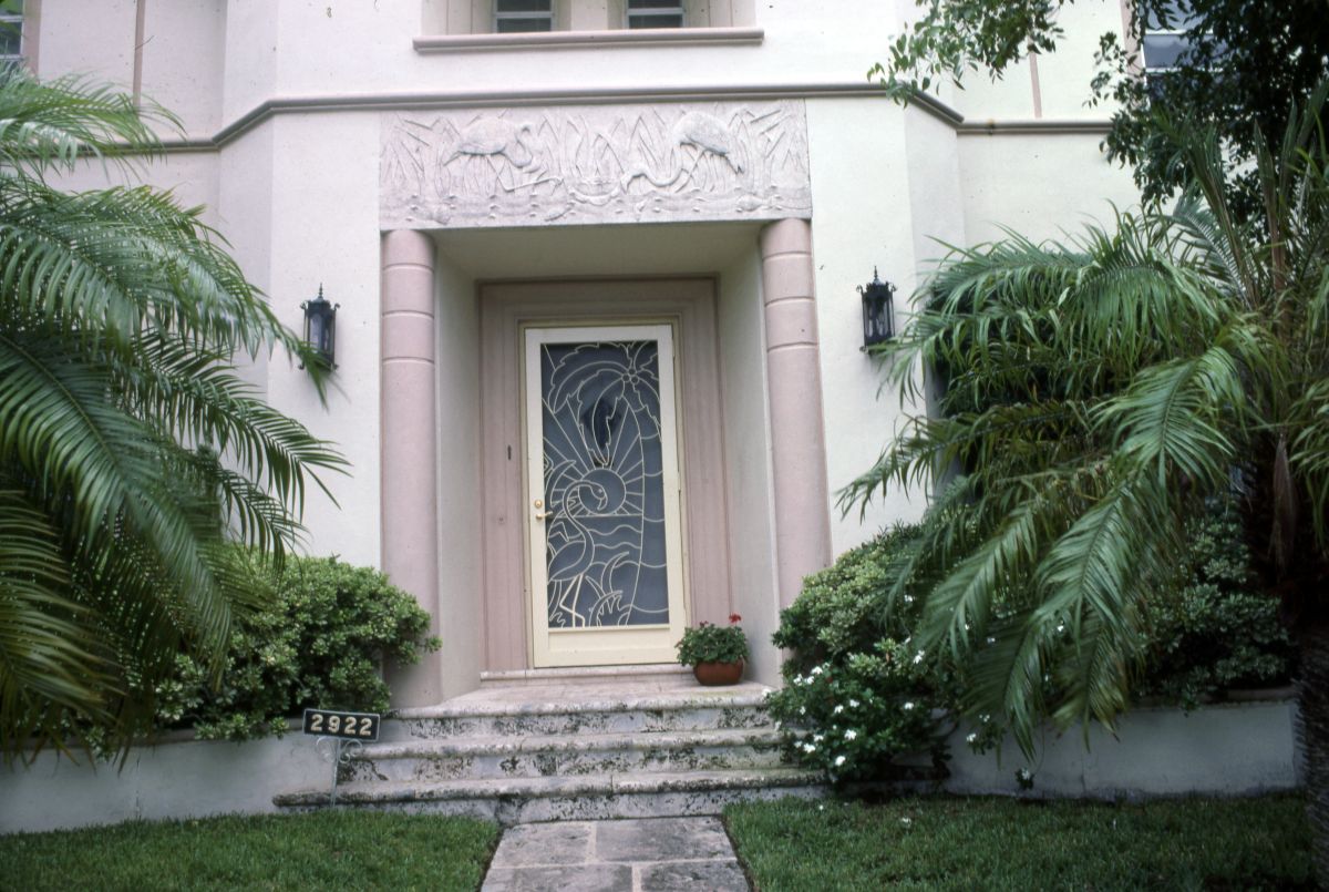 Don Latimer's decorative iron work on screen door - Miami, Florida.