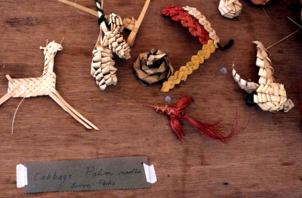 Cabbage palm crafts made by Evelyn Parks - White Springs, Florida