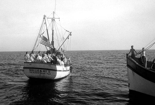 Mollie and Me II shrimp boat at memorial service for a fisherman lost at sea- Neptune Beach, Florida