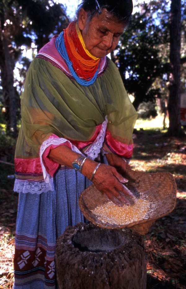 Lottie Shore removing ground corn - Brighton Reservation, Florida