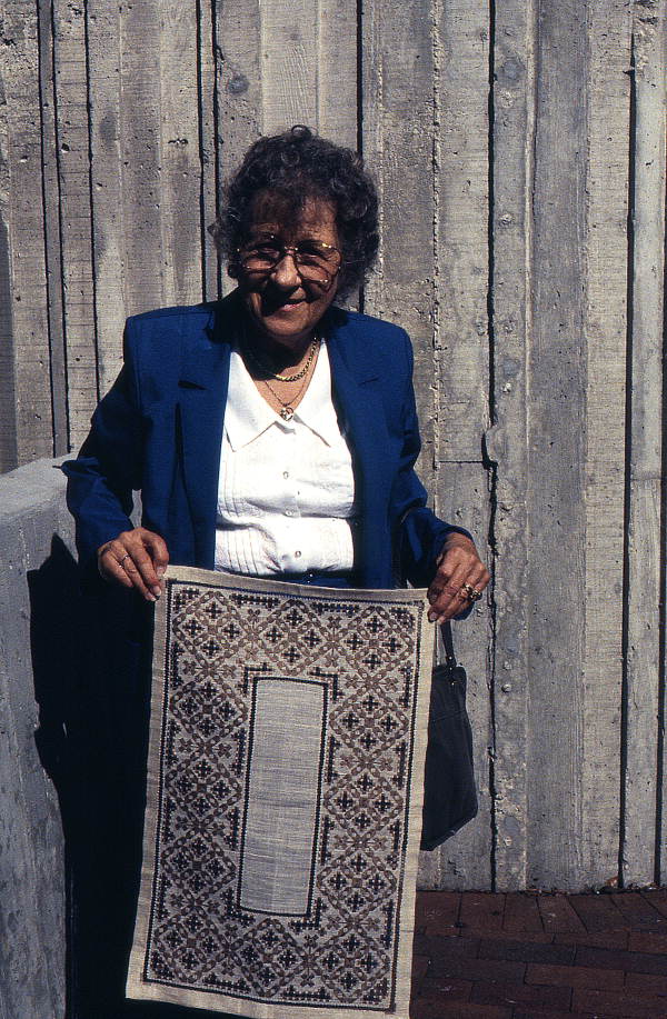 Lillian Bolstad with hardanger embroidery she made- Orlando, Florida