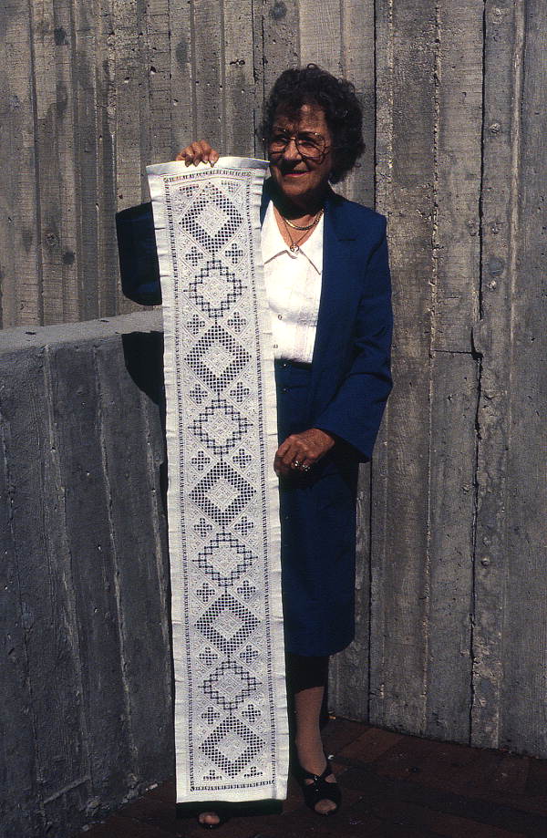 Lillian Bolstad with hardanger embroidery she made- Orlando, Florida