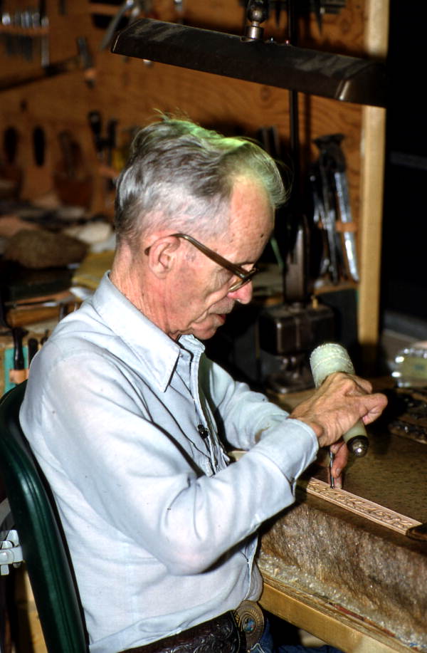 Bob Dellis making craft from leather - Okeechobee, Florida