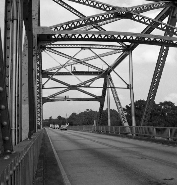 On the deck looking up at the bracing of the Lake Monroe Bridge over the Saint Johns River
