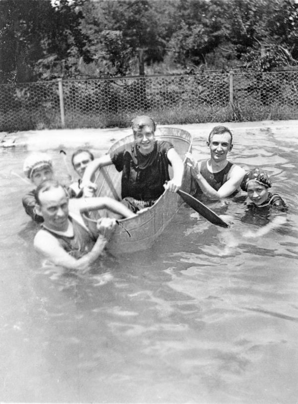 Mary Parmenter in a pool with friends and a tin bathtub boat - Jacksonville, Florida