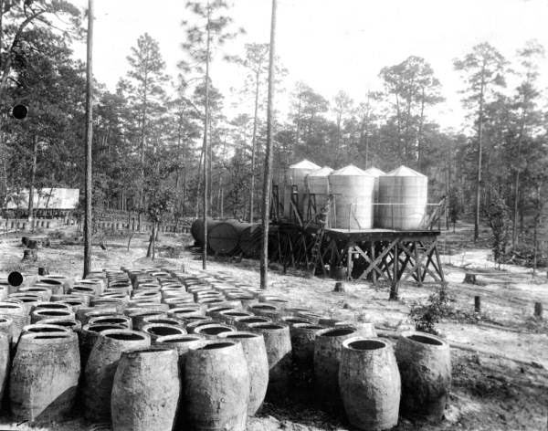Turpentine storage tanks at still