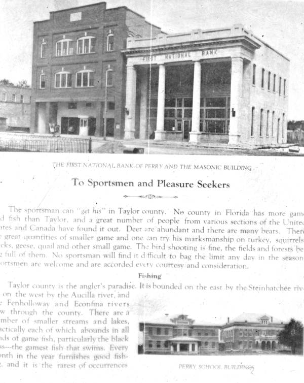 Taylor County brochure showing the Masonic building and the First National Bank of Perry