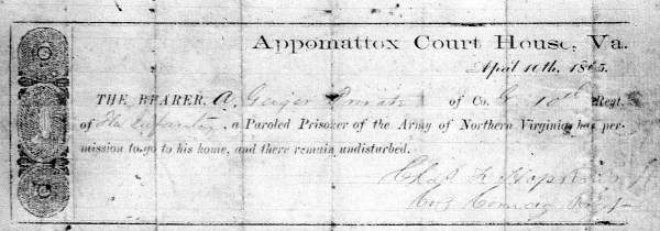 Parole form for Private Aaron Geiger, prisoner of the Army of Northern Virginia