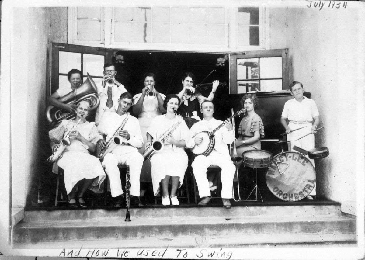 Nancy Lee Orchestra at the front door of the school auditorium - Lee, Florida