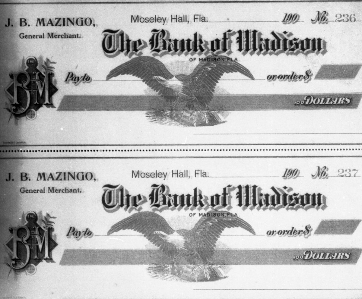 Blank checks from the Bank of Madison - Madison, Florida