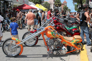 Custom motorcycles on Duval Street during the annual Poker Run: Key West, Florida (2006)