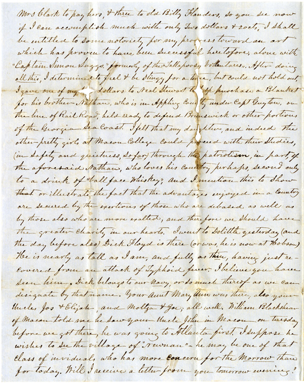 Letter of October 13, 1861, from E. J. Blackshear to My Dear Daughter