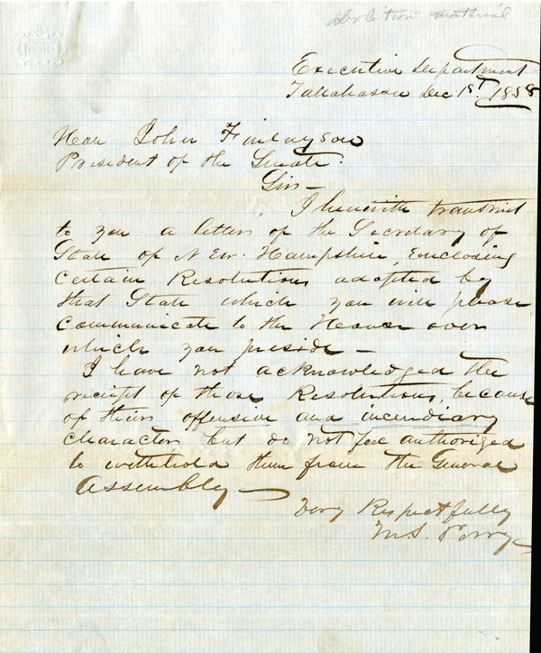 Governor Madison Starke Perry to John Finlayson, forwarding anti-slavery resolutions from the State of New Hampshire to the State of Florida, December 1, 1858 
