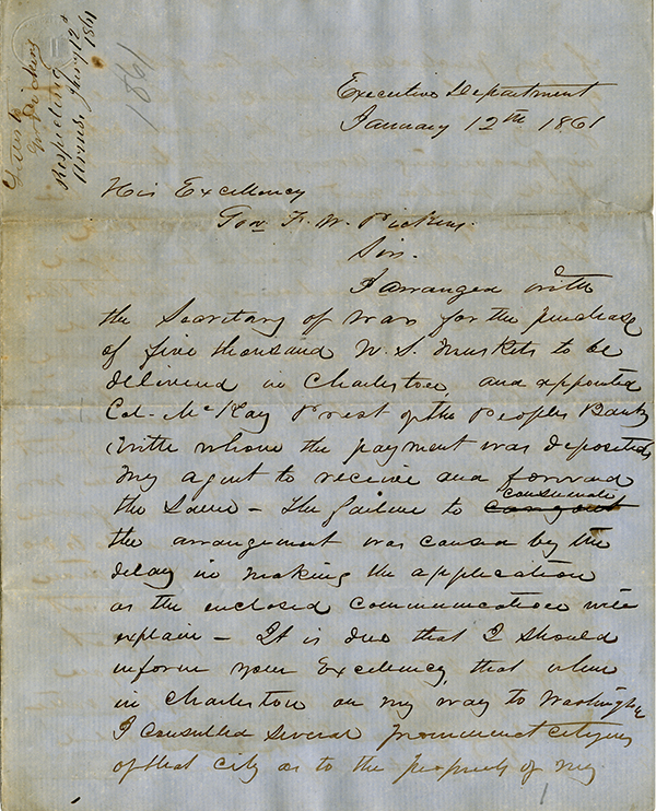 M. S. Perry to F. W. Pickens, January 12, 1861
