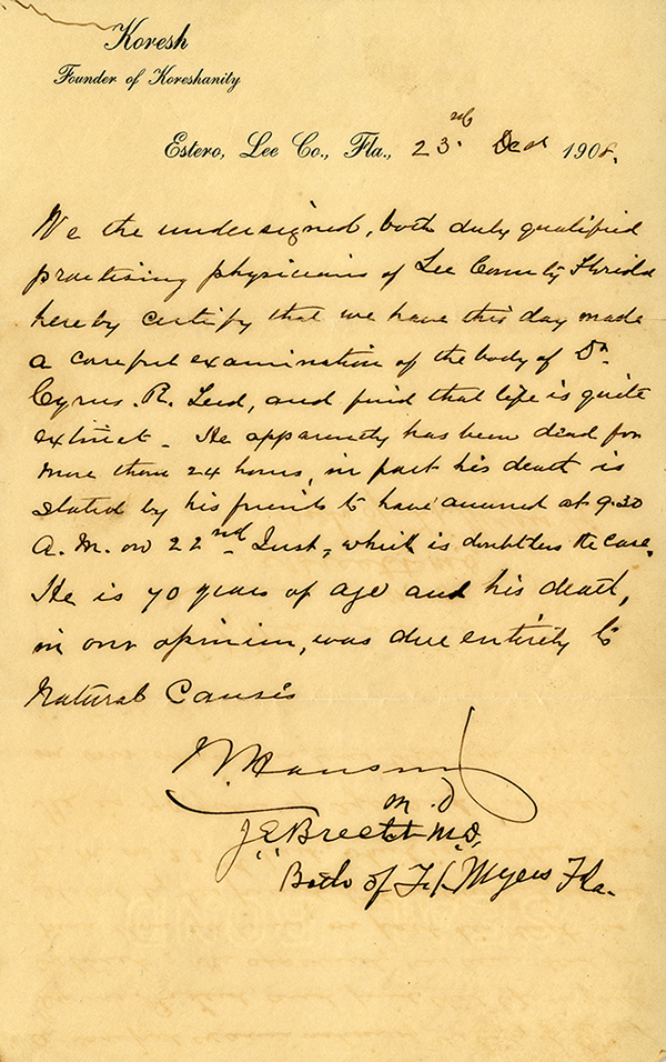 Two Fort Myers physicians certify Teed&rsquo;s death, 1908
