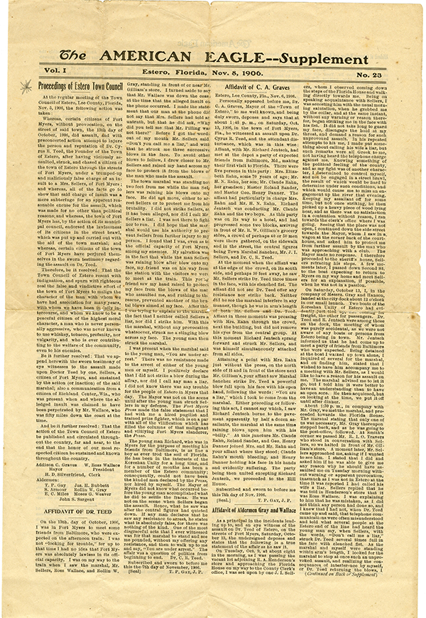 Recounting of the Ft. Myers brawl in the Unity&rsquo;s newspaper, <em>The American Eagle</em>
