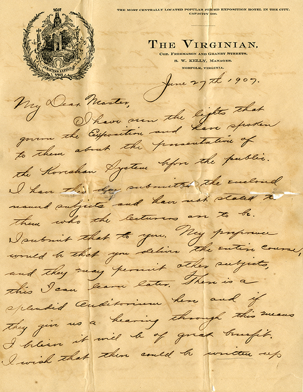 Letter from Henry D. Silverfriend to Cyrus Teed, June 27, 1907
