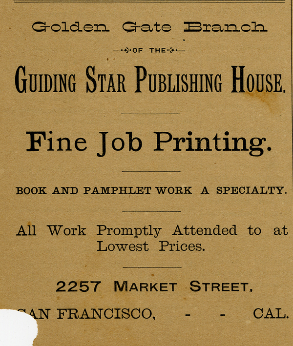 Advertisement for the Golden Gate Branch of the Guiding Star Publishing House, <em>The Plowshare and Pruning Hook</em>, May 1, 1891
