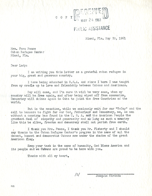 Joaquin Miranda to Fern M. Pence, May 20, 1961