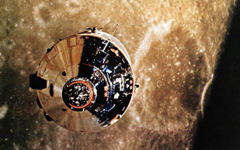 View of the Apollo 10 command ship in orbit around the moon (1969)