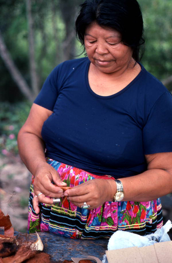 Mary Billie wrapping palmetto fiber around cardboard for the Seminole doll she is making: Big Cypress Seminole Indian Reservation, Florida