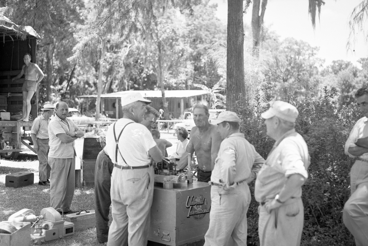 Universal International crew on the set of "Revenge of the Creature" movie.
