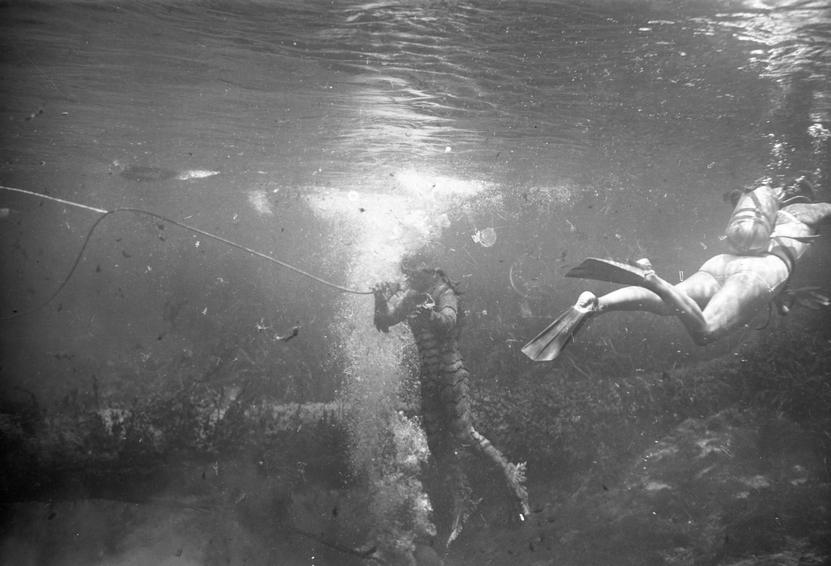 Ricou Browning breathing through air hose during filming of "Revenge of the Creature" movie at Silver Springs.