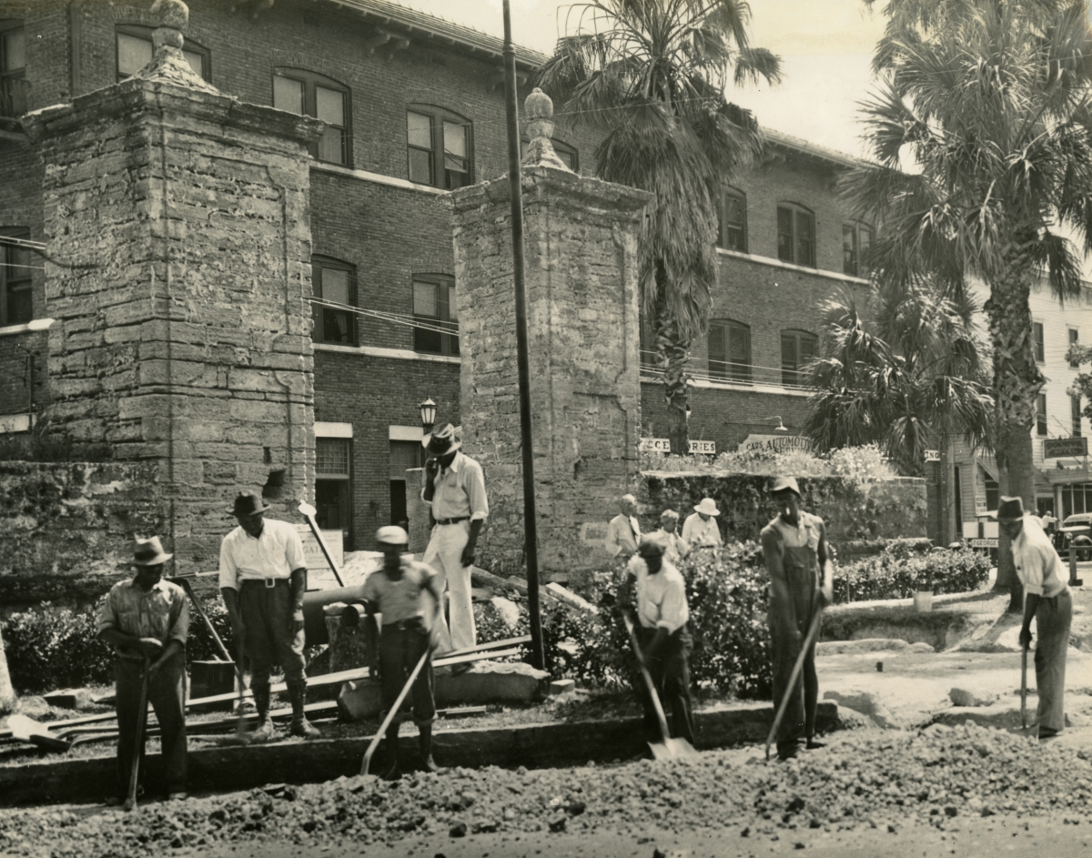 Excavation of bridge across moat at the City Gates in St. Augustine, Florida.