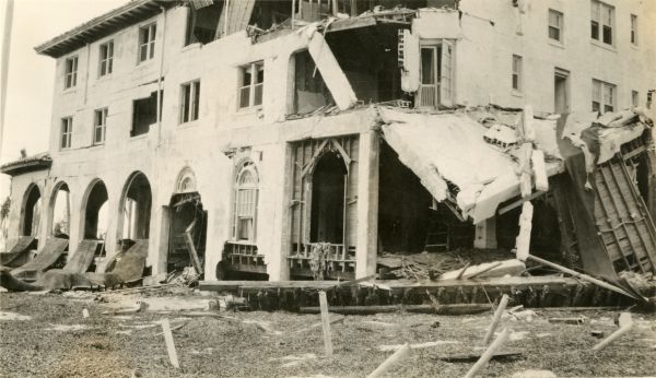 Close-up view showing hurricane damage to the Pancoast Hotel on Collins Avenue in Miami Beach.