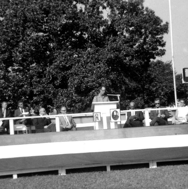 Park ranger Eddie Nesmith speaking at dedication ceremony of the James Gadsden Highway at the courthouse square in Quincy, Florida.