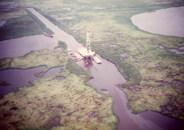 Aerial view of oil drilling platform in the Everglades