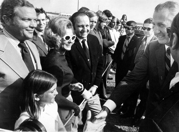 Vice-President Spiro Agnew greeting a crowd at Tallahassee airport.