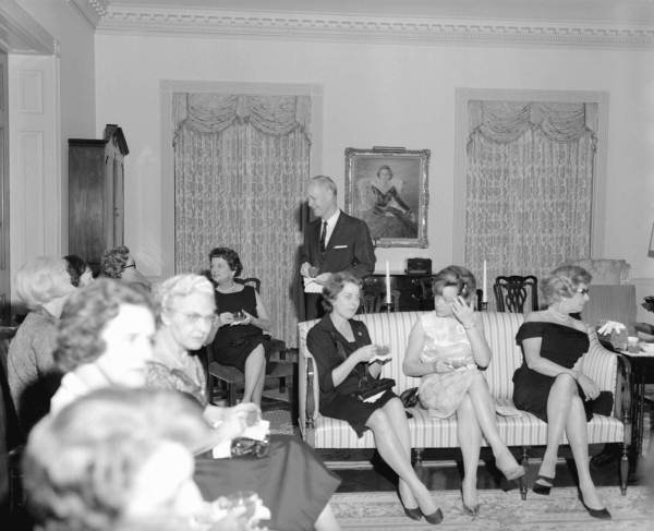 Florida Governor Farris Bryant drinking coffee with women at the Governor's Mansion in Tallahassee, Florida.