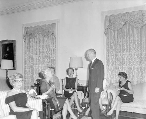 Florida Governor Farris Bryant drinking coffee with women at the Governor's Mansion in Tallahassee, Florida.