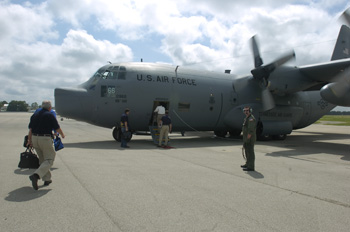 View of the U.S. Air Force turboprop airplane used to transport Governor Charlie Crist during Tropical Storm Fay.