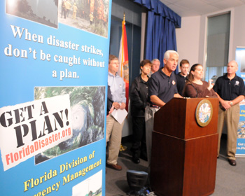 Governor Charlie Crist addressing the media at the State Emergency Operations Center during a Tropical Storm Fay briefing - Tallahassee, Florida..