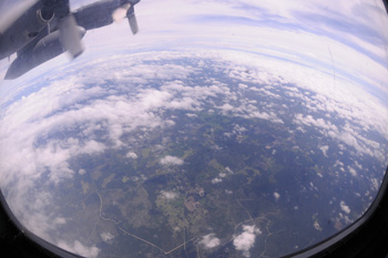 View looking out from the U.S. Air Force turboprop airplane used to transport Governor Charlie Crist during Tropical Storm Fay.