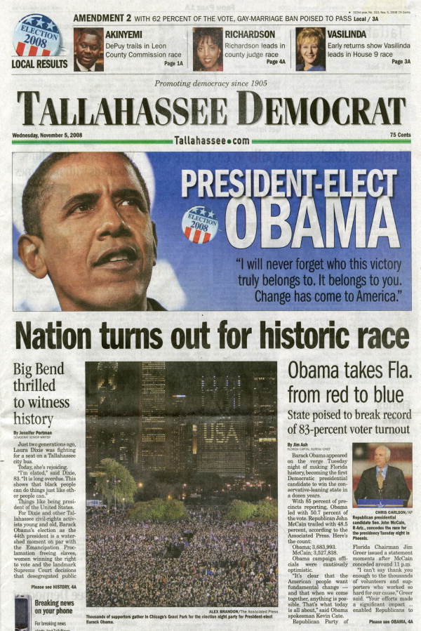 Front page of the Tallahassee Democrat newspaper reporting the 2008 victory for President-Elect Obama.