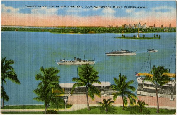 Yachts at anchor in Biscayne Bay, looking toward Miami, Florida.