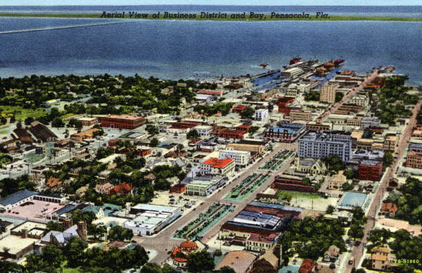 Aerial View of Business District and Bay, Pensacola, Florida.