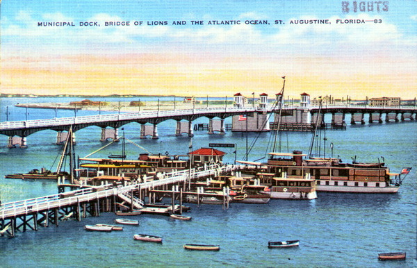 Municipal dock, Bridge of Lions and the Atlantic Ocean - Saint Augustine, Florida