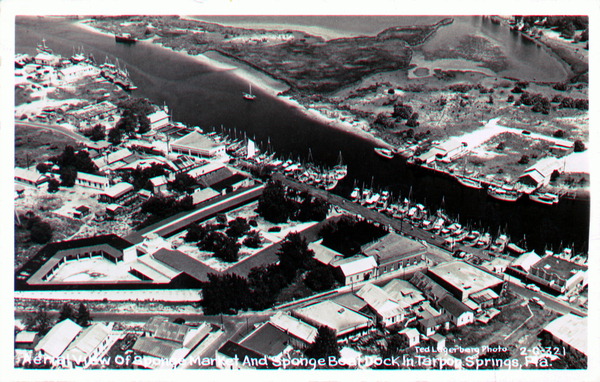 Aerial view of sponge market and sponge boat dock in Tarpon Springs, Fla.